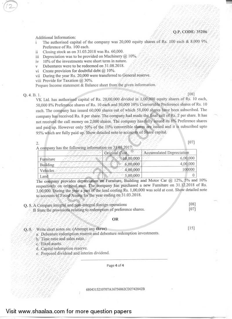 Financial Accounting Paper 4 (Special Accounting Areas) 2017-2018 - B.Com. - Semester 4 (SYBAF) - University of Mumbai question paper with PDF download