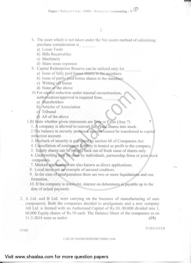 Financial Accounting Paper 5 2018-2019 - B.Com. - Semester 5 (TYBAF) - University of Mumbai question paper with PDF download