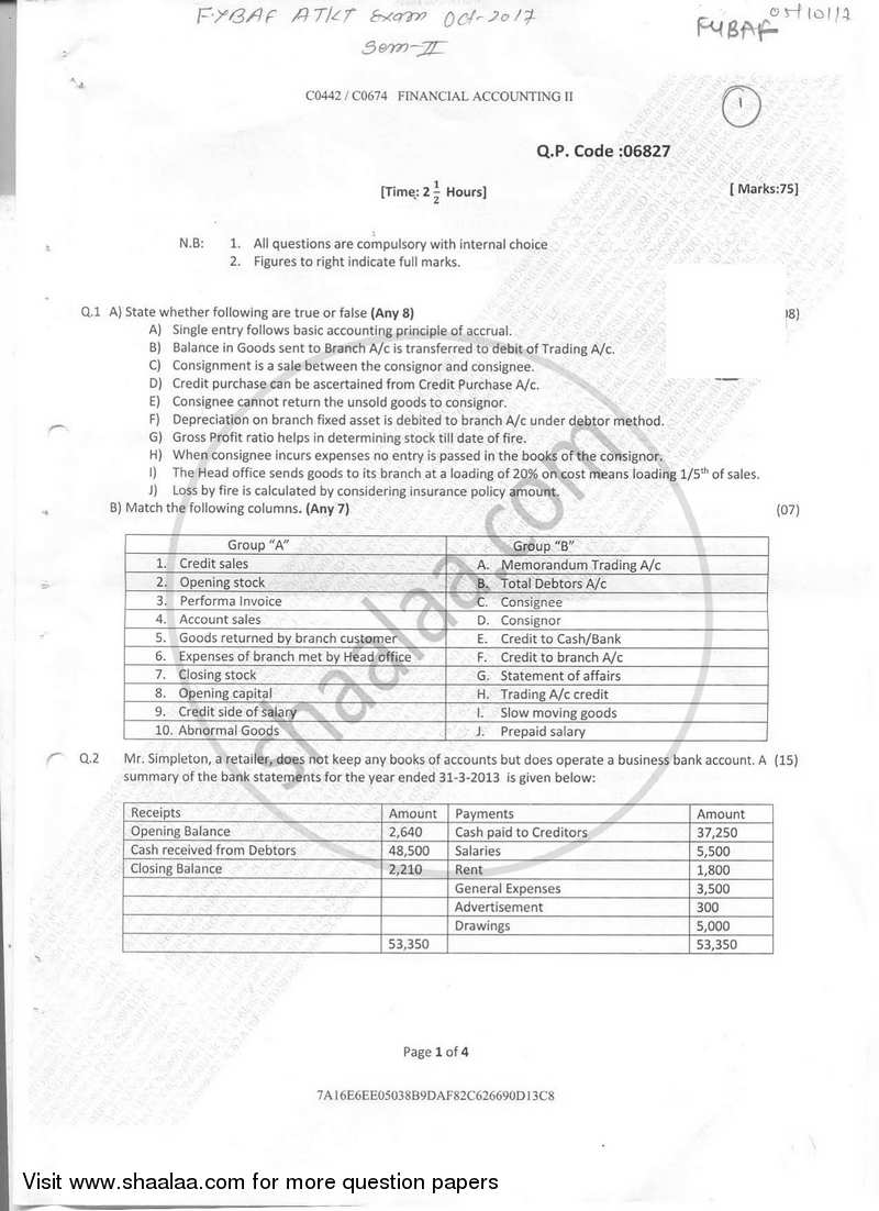 Financial Accounting-Special Accounting Areas 2 2017-2018 - B.Com. - Semester 2 (FYBAF) - University of Mumbai question paper with PDF download