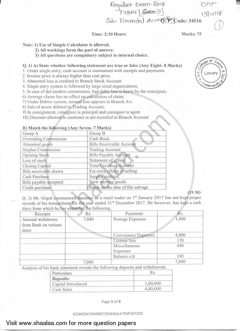 Financial Accounting-Special Accounting Areas 2 2017-2018 - B.Com. - Semester 2 (FYBAF) - University of Mumbai question paper with PDF download