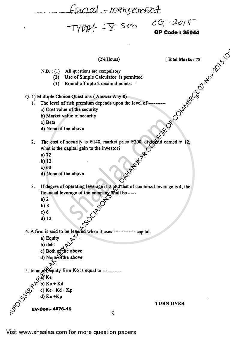 Financial Management 2 2015-2016 - B.Com. - Semester 5 (TYBAF) - University of Mumbai question paper with PDF download