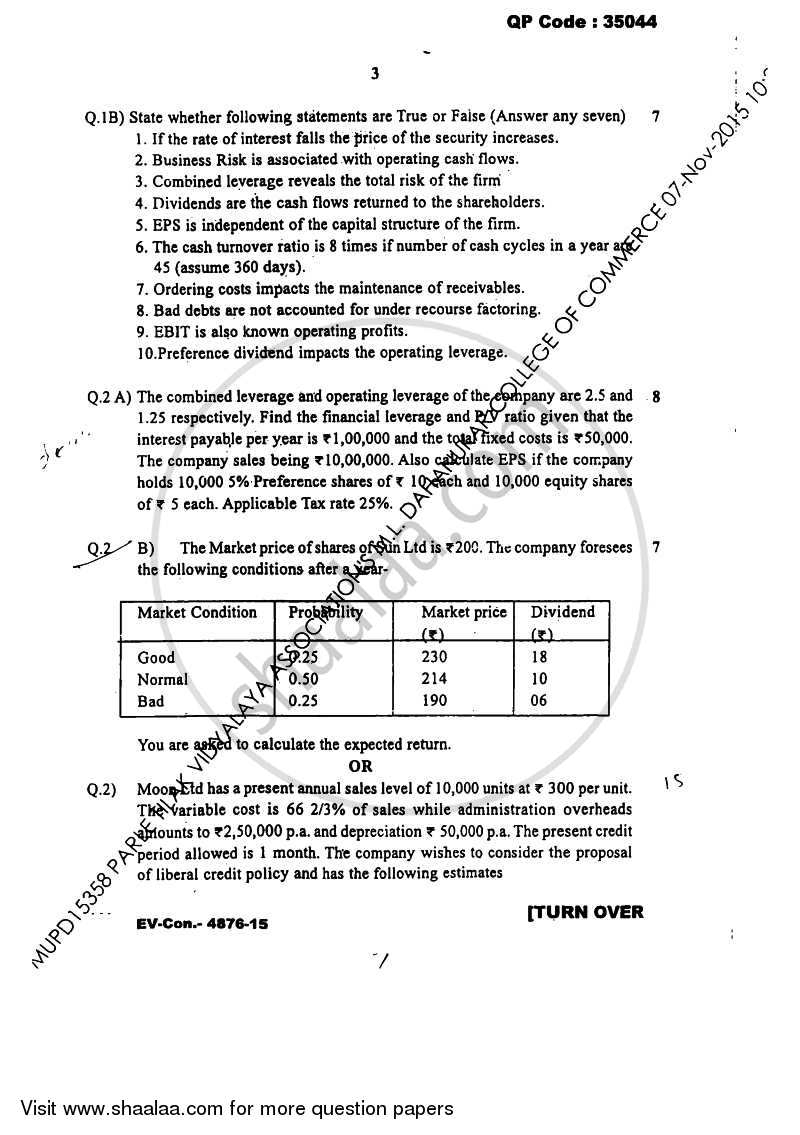 Financial Management 2 2015-2016 - B.Com. - Semester 5 (TYBAF) - University of Mumbai question paper with PDF download
