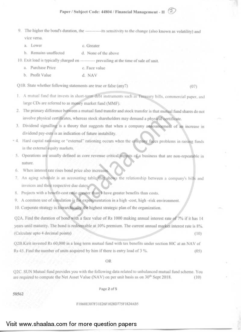 Financial Management 2 2018-2019 - B.Com. - Semester 5 (TYBAF) - University of Mumbai question paper with PDF download