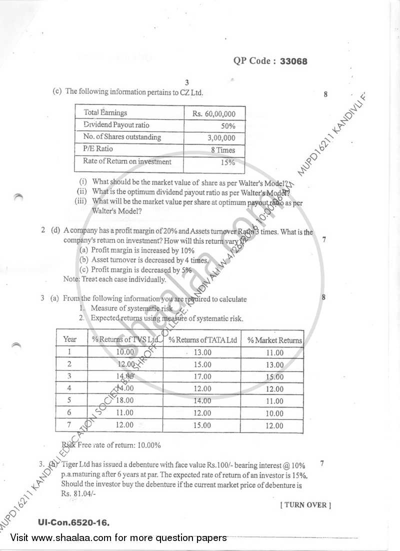 Financial Management 3 2015-2016 - B.Com. - Semester 6 (TYBAF) - University of Mumbai question paper with PDF download