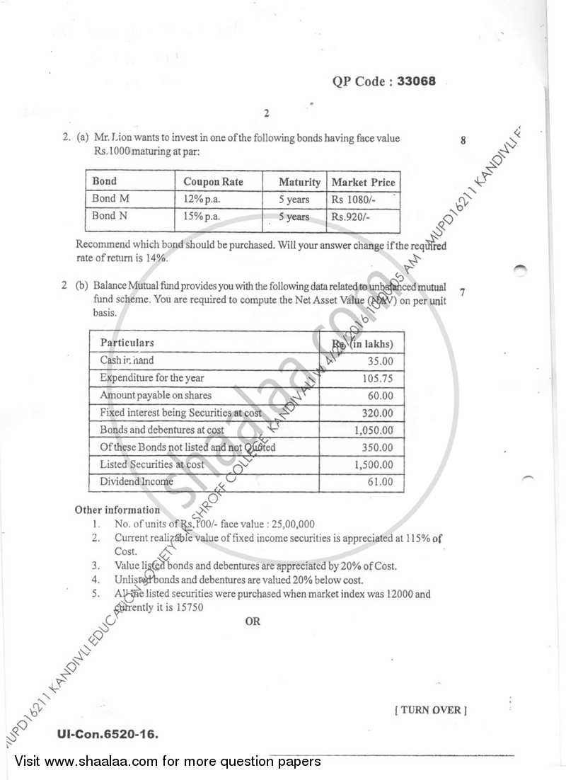 Financial Management 3 2015-2016 - B.Com. - Semester 6 (TYBAF) - University of Mumbai question paper with PDF download