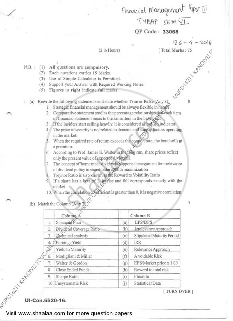 Financial Management 3 2015-2016 - B.Com. - Semester 6 (TYBAF) - University of Mumbai question paper with PDF download