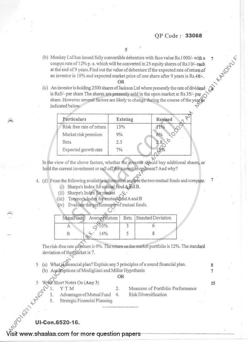 Financial Management 3 2015-2016 - B.Com. - Semester 6 (TYBAF) - University of Mumbai question paper with PDF download