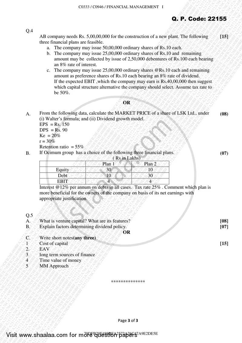 Financial Management 2017-2018 - B.Com. - Semester 3 (SYBBI) - University of Mumbai question paper with PDF download