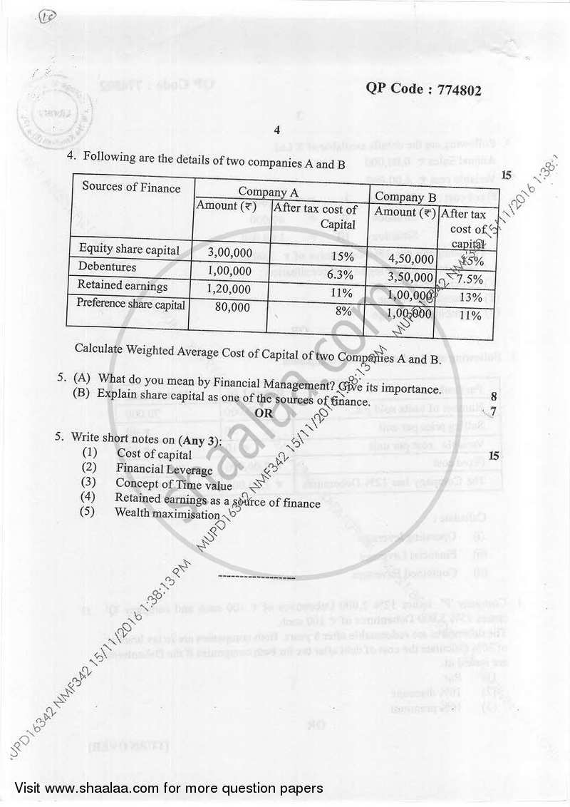 Financial Management (Introduction to Financial Management) - 1 2016-2017 - B.Com. - Semester 1 (FYBAF) - University of Mumbai question paper with PDF download