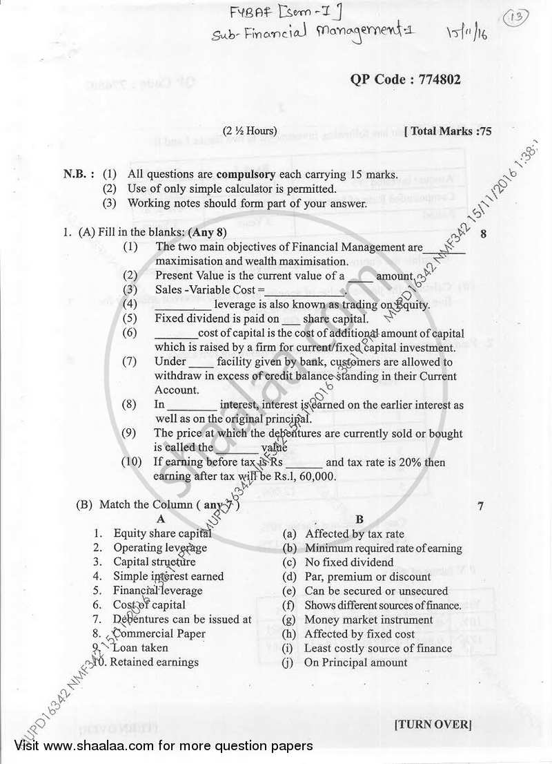 Financial Management (Introduction to Financial Management) - 1 2016-2017 - B.Com. - Semester 1 (FYBAF) - University of Mumbai question paper with PDF download