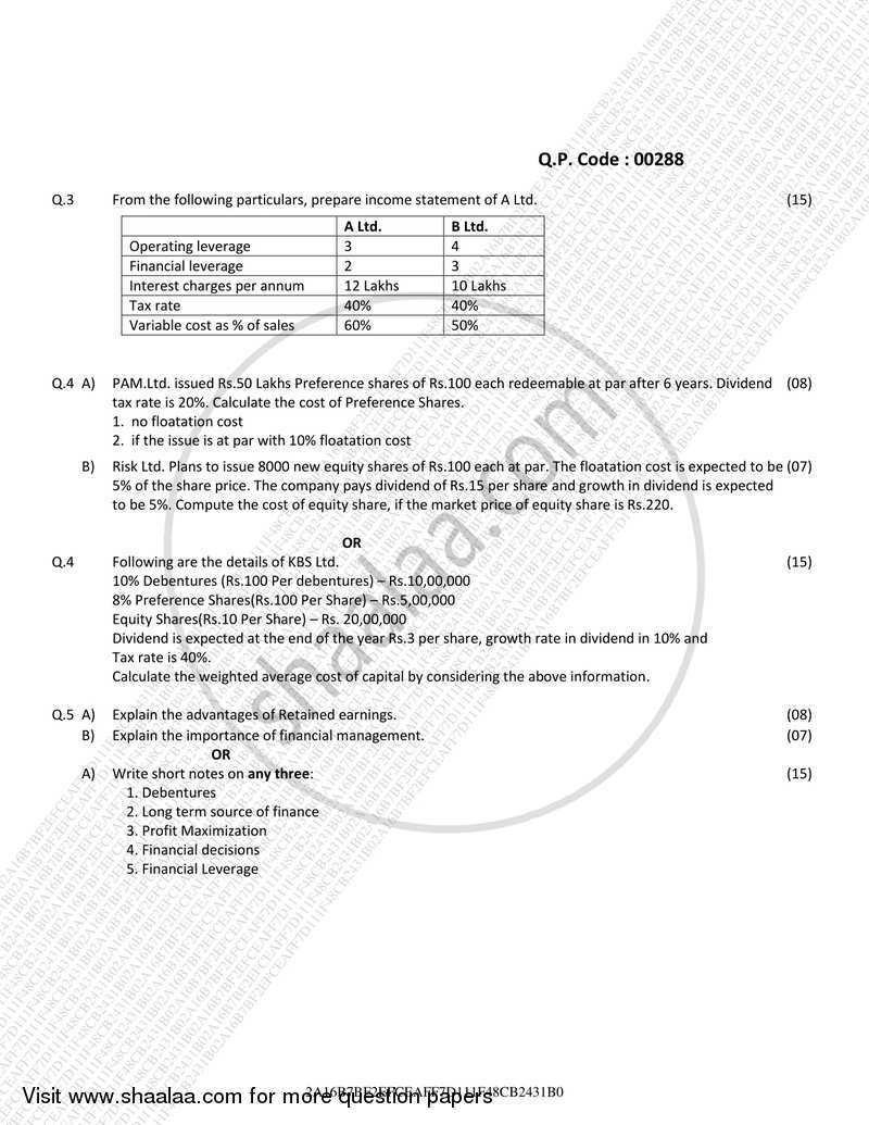 Financial Management (Introduction to Financial Management) - 1 2017-2018 - B.Com. - Semester 1 (FYBAF) - University of Mumbai question paper with PDF download