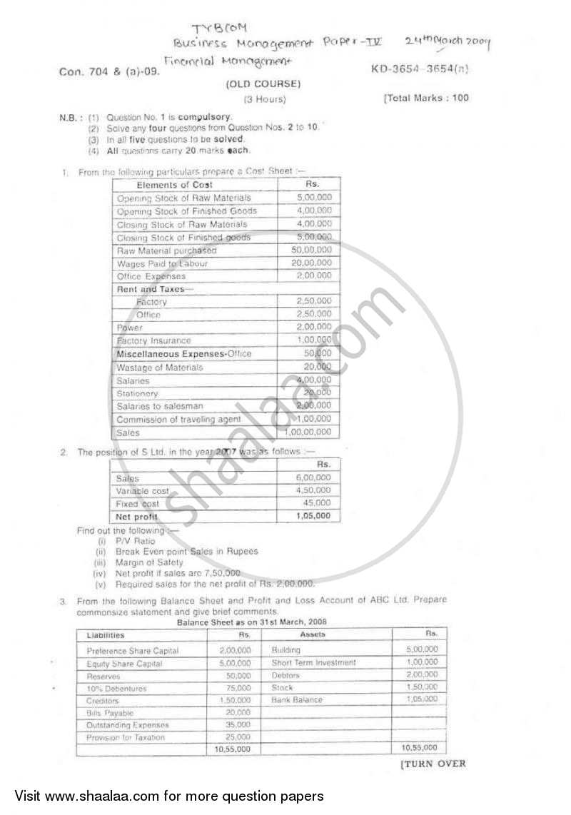 Financial Management 2008-2009 - B.Com. - 3rd Year (TYBcom) - University of Mumbai question paper with PDF download