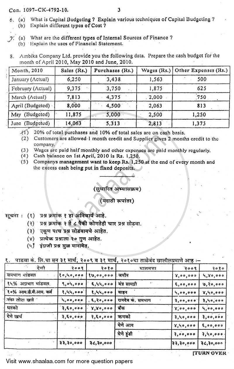 Financial Management 2009-2010 - B.Com. - 3rd Year (TYBcom) - University of Mumbai question paper with PDF download