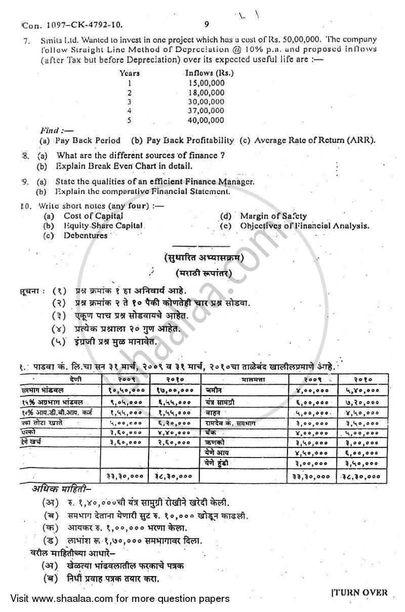 Financial Management 2009-2010 - B.Com. - 3rd Year (TYBcom) - University of Mumbai question paper with PDF download