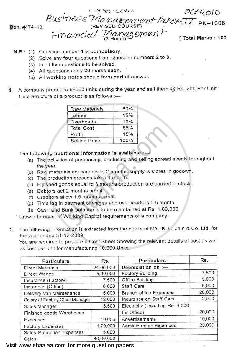 Financial Management 2010-2011 - B.Com. - 3rd Year (TYBcom) - University of Mumbai question paper with PDF download