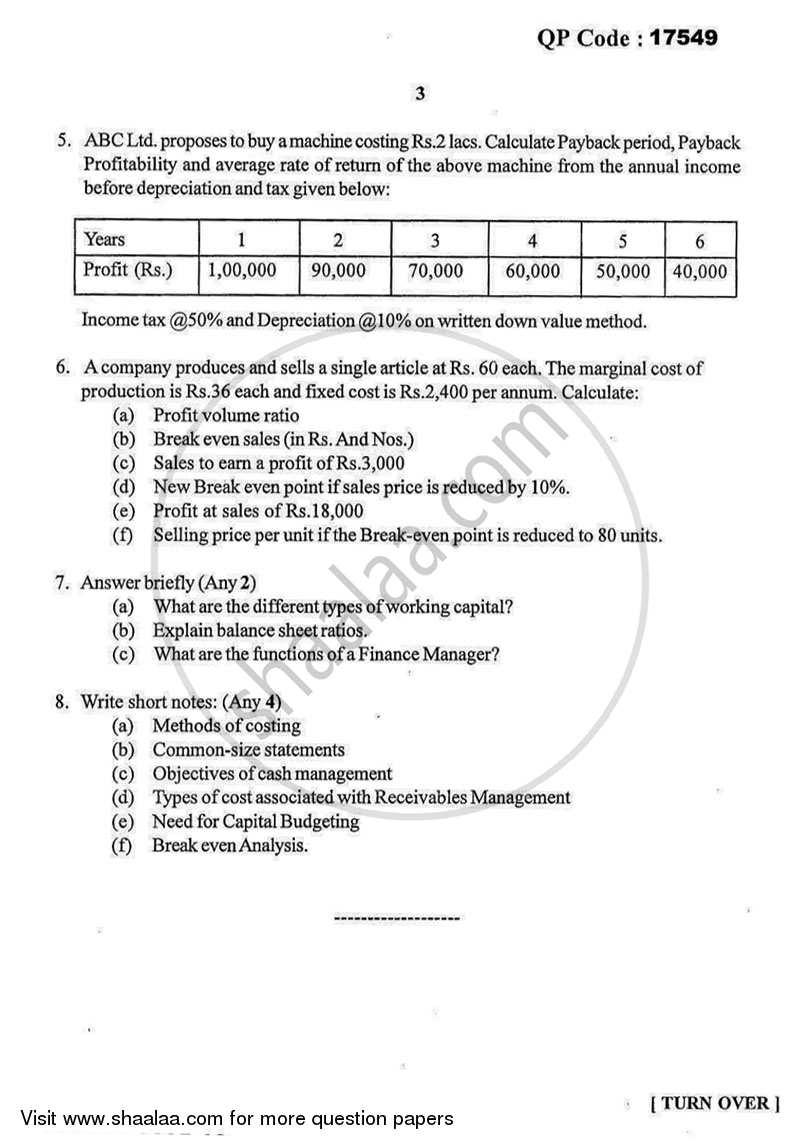 Financial Management 2015-2016 - B.Com. - 3rd Year (TYBcom) - University of Mumbai question paper with PDF download