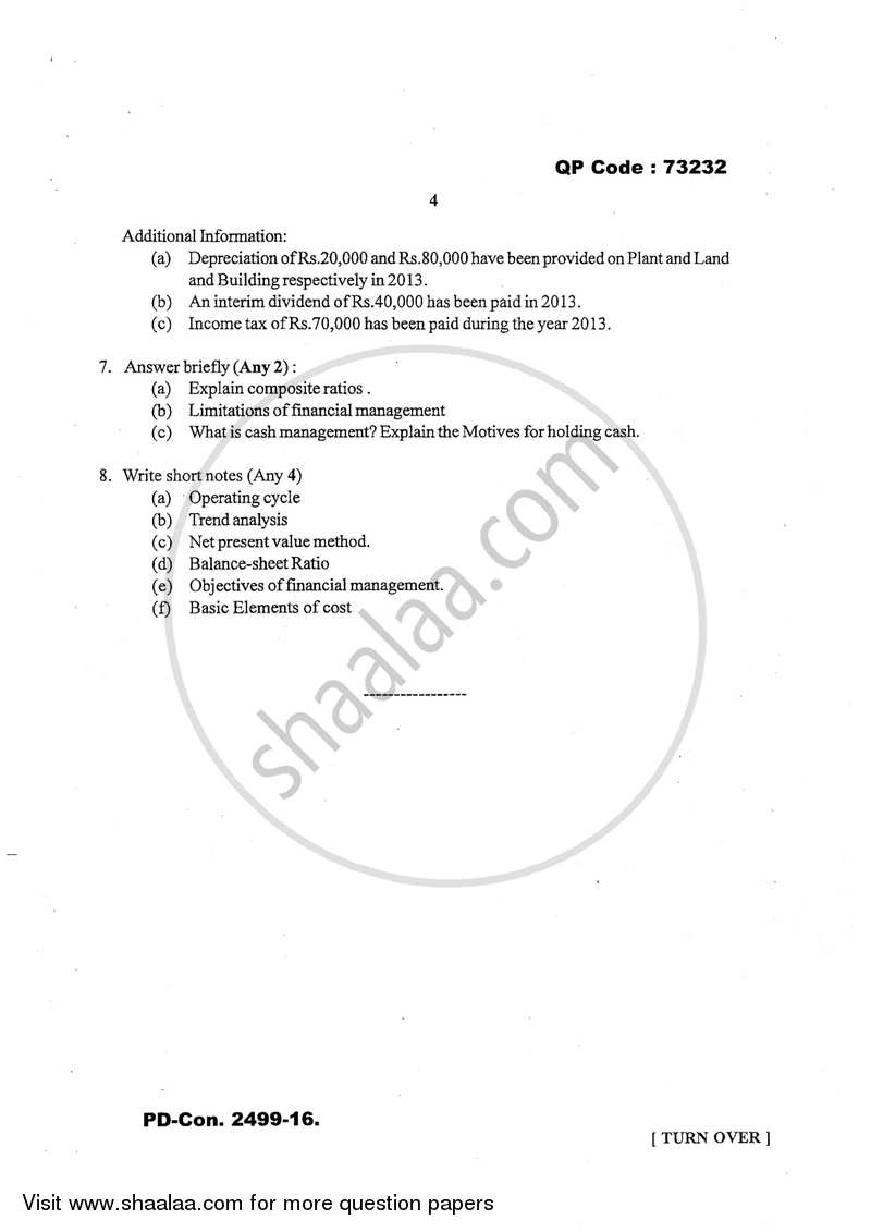 Financial Management 2016-2017 - B.Com. - 3rd Year (TYBcom) - University of Mumbai question paper with PDF download