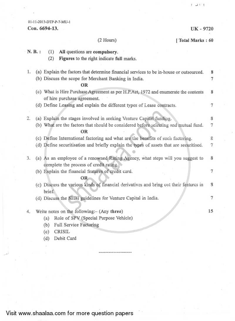 Financial Services Management 2013-2014 - B.Com. - Semester 5 (TYBBI) - University of Mumbai question paper with PDF download