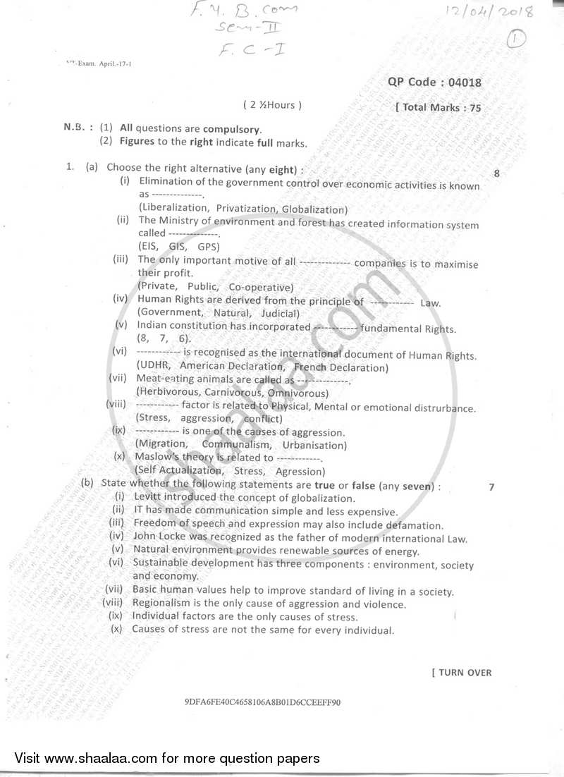 Foundation Course 1 2017-2018 - B.Com. - Semester 2 (FYBcom) - University of Mumbai question paper with PDF download