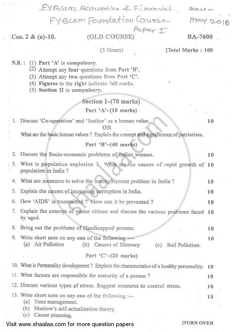 Foundation Course 1 2009-2010 - B.Com. - 1st Year (FYBcom) - University of Mumbai question paper with PDF download