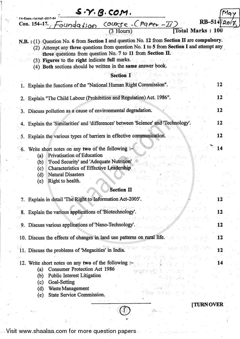 Foundation Course 2 2016-2017 - B.Com. - 2nd Year (SYBcom) - University of Mumbai question paper with PDF download