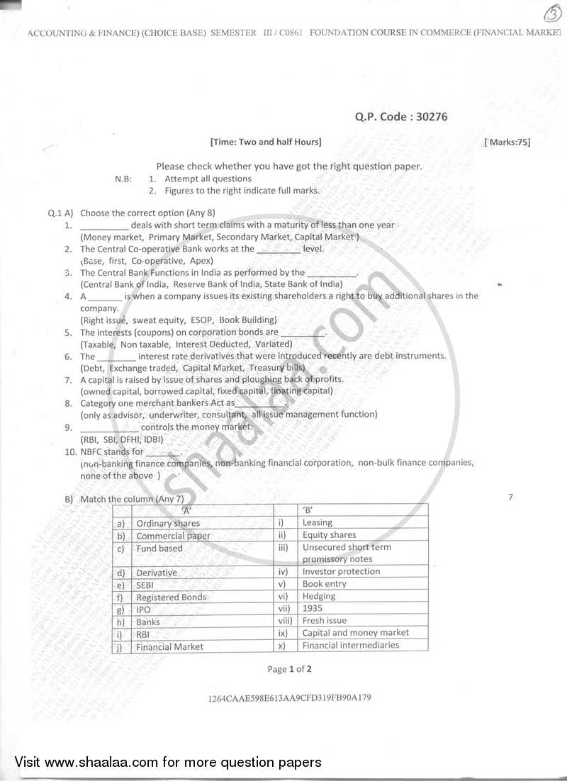 Foundation Course in Commerce (Financial Market Operations) 3 2017-2018 - B.Com. - Semester 3 (SYBAF) - University of Mumbai question paper with PDF download