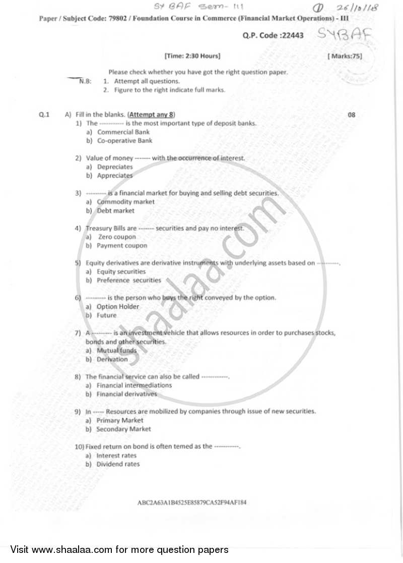 Foundation Course in Commerce (Financial Market Operations) 3 2018-2019 - B.Com. - Semester 3 (SYBAF) - University of Mumbai question paper with PDF download