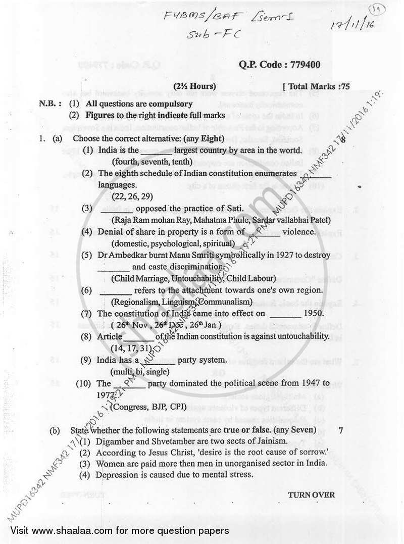 Foundation Course-Commercial Environment 1 2016-2017 - B.Com. - Semester 1 (FYBAF) - University of Mumbai question paper with PDF download