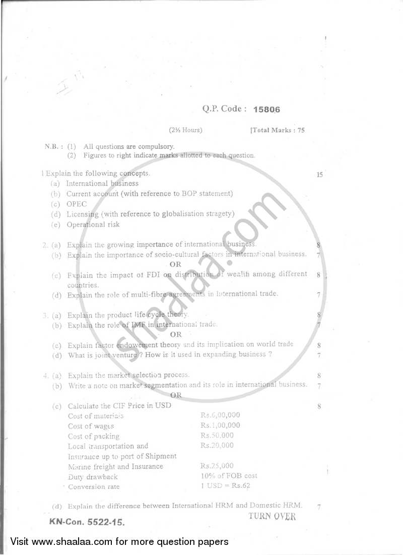 International Business 2014-2015 - B.Com. - Semester 6 (TYBBI) - University of Mumbai question paper with PDF download