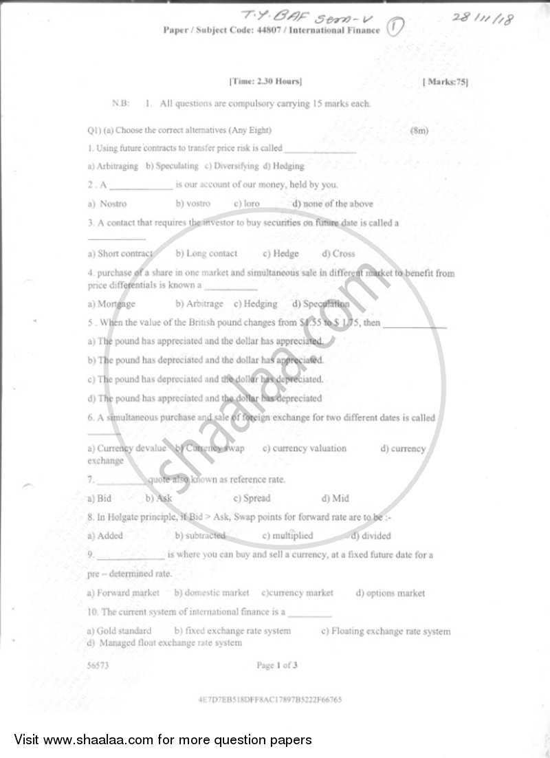 International Finance 2018-2019 - B.Com. - Semester 5 (TYBAF) - University of Mumbai question paper with PDF download