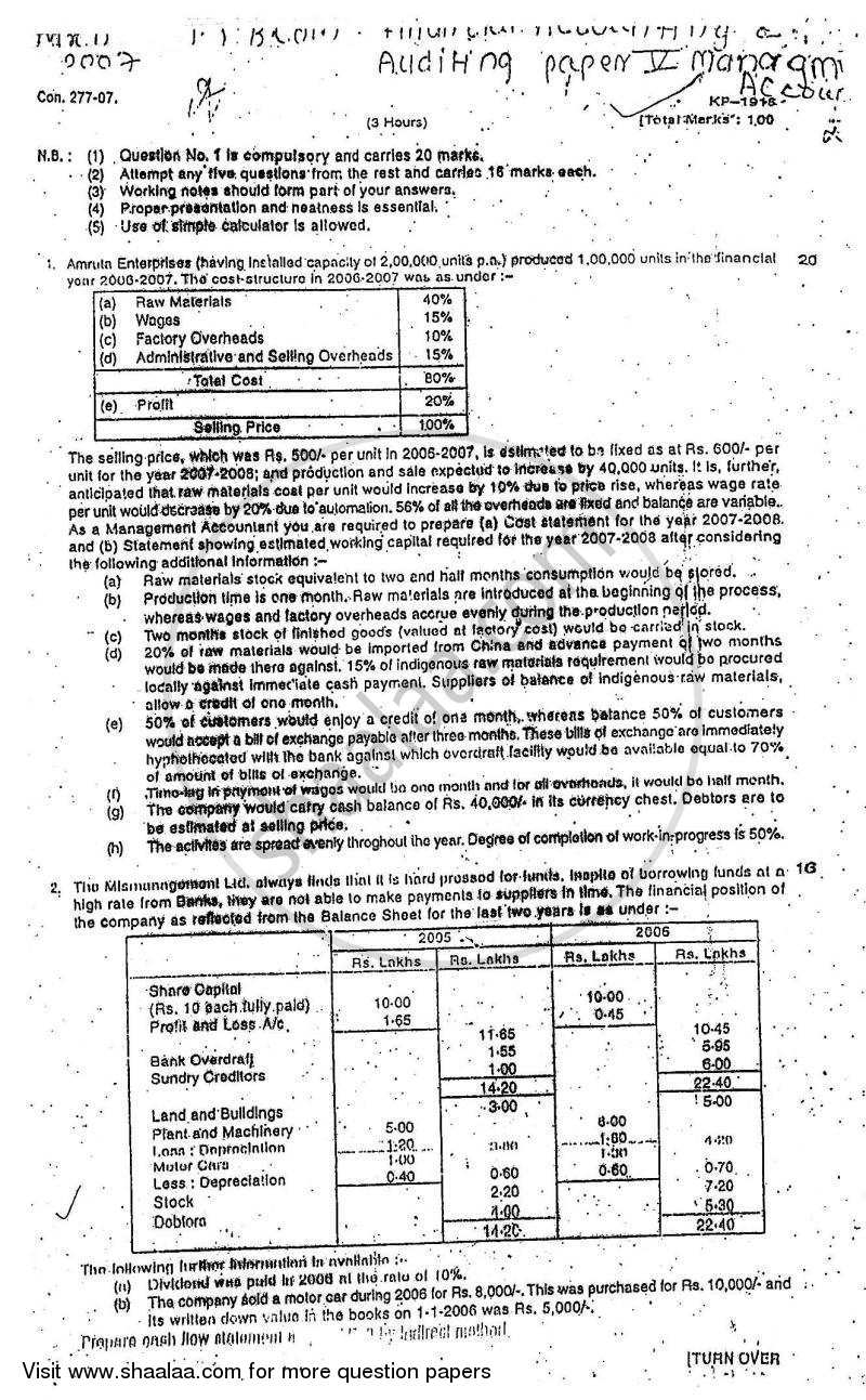 Introduction to Management Accounting and Introduction to Auditing (Financial Accounting and Auditing 5) 2006-2007 - B.Com. - 3rd Year (TYBcom) - University of Mumbai question paper with PDF download