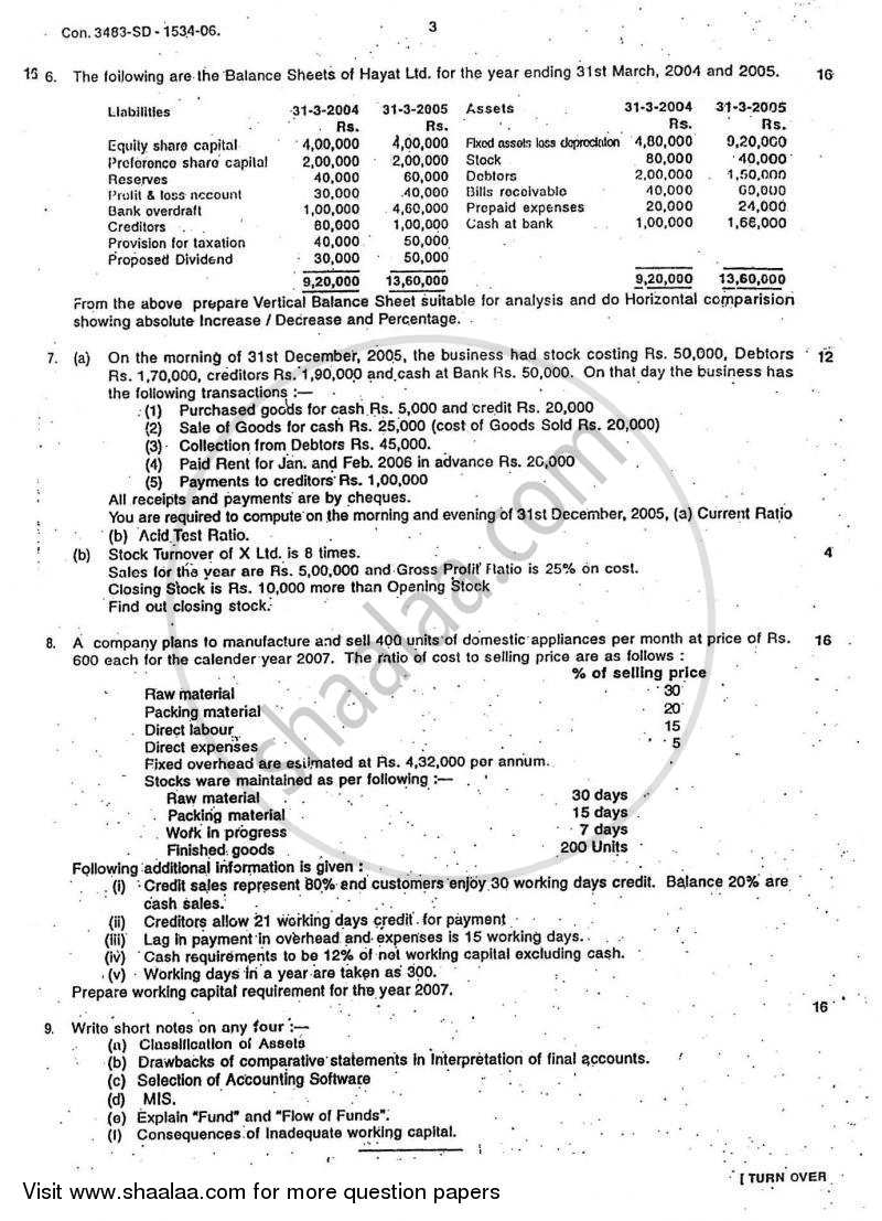 Introduction to Management Accounting and Introduction to Auditing (Financial Accounting and Auditing 5) 2006-2007 - B.Com. - 3rd Year (TYBcom) - University of Mumbai question paper with PDF download