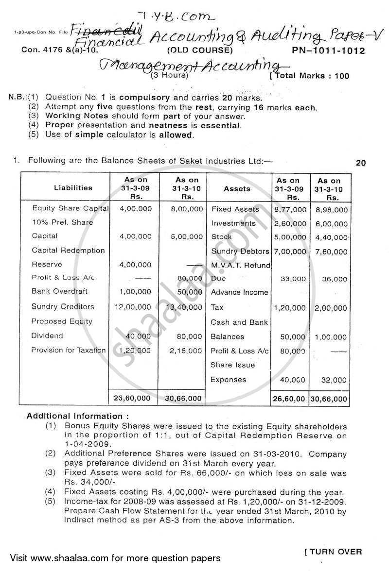 Introduction to Management Accounting and Introduction to Auditing (Financial Accounting and Auditing 5) 2010-2011 - B.Com. - 3rd Year (TYBcom) - University of Mumbai question paper with PDF download