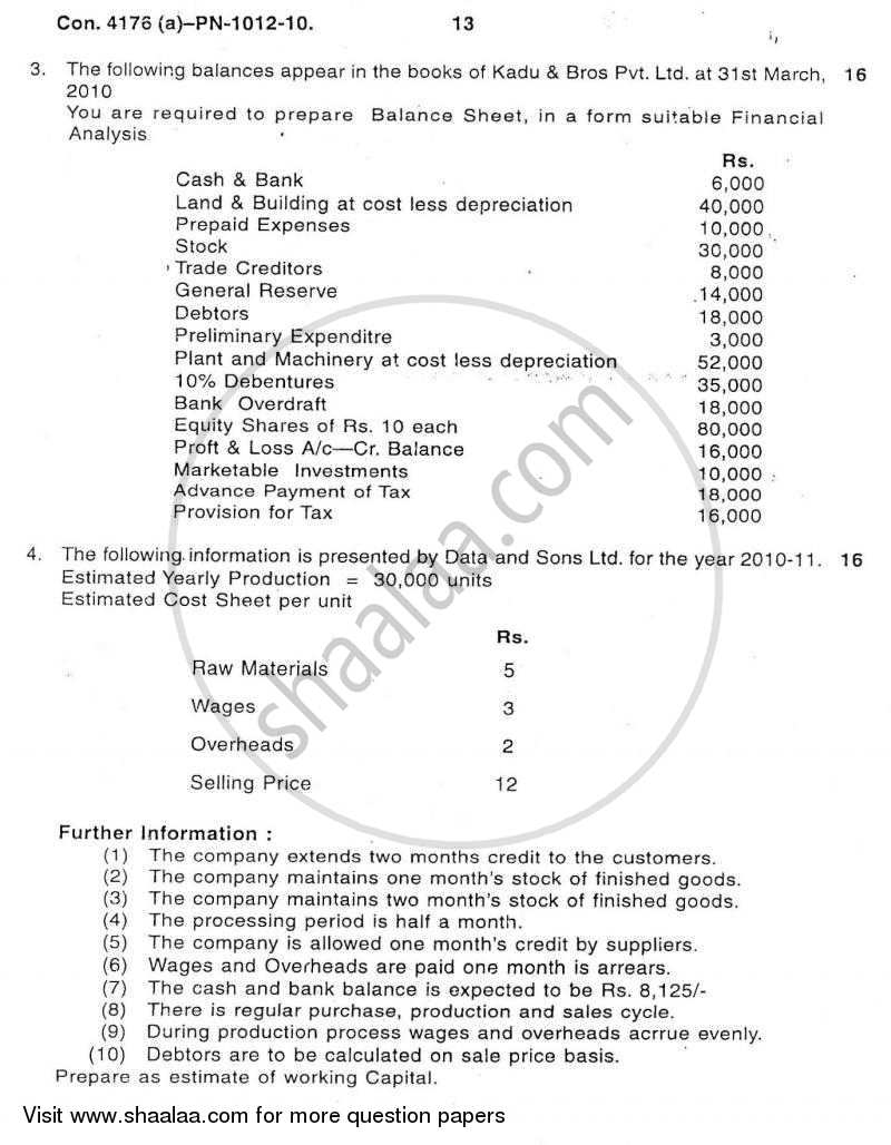 Introduction to Management Accounting and Introduction to Auditing (Financial Accounting and Auditing 5) 2010-2011 - B.Com. - 3rd Year (TYBcom) - University of Mumbai question paper with PDF download