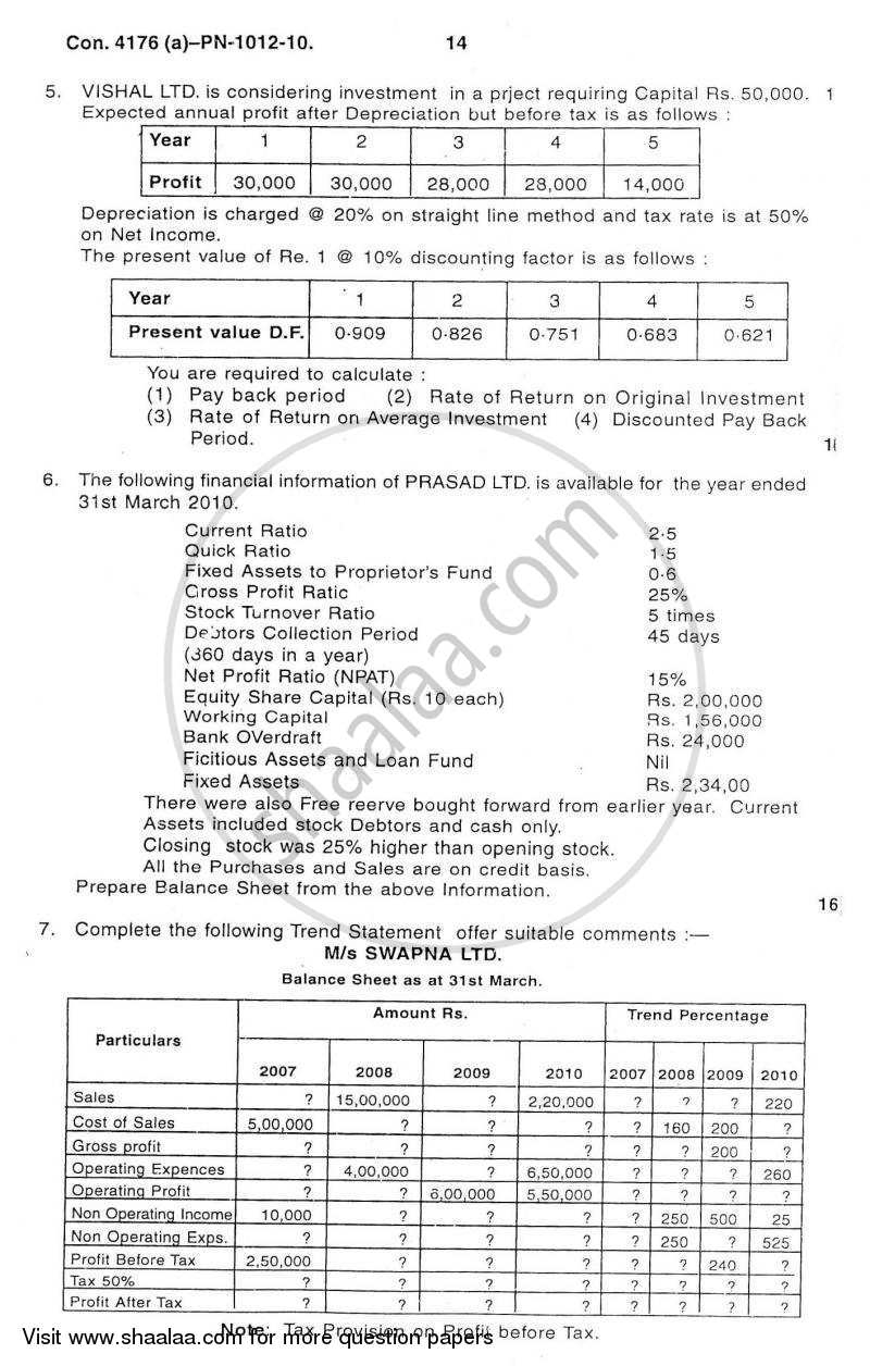 Introduction to Management Accounting and Introduction to Auditing (Financial Accounting and Auditing 5) 2010-2011 - B.Com. - 3rd Year (TYBcom) - University of Mumbai question paper with PDF download