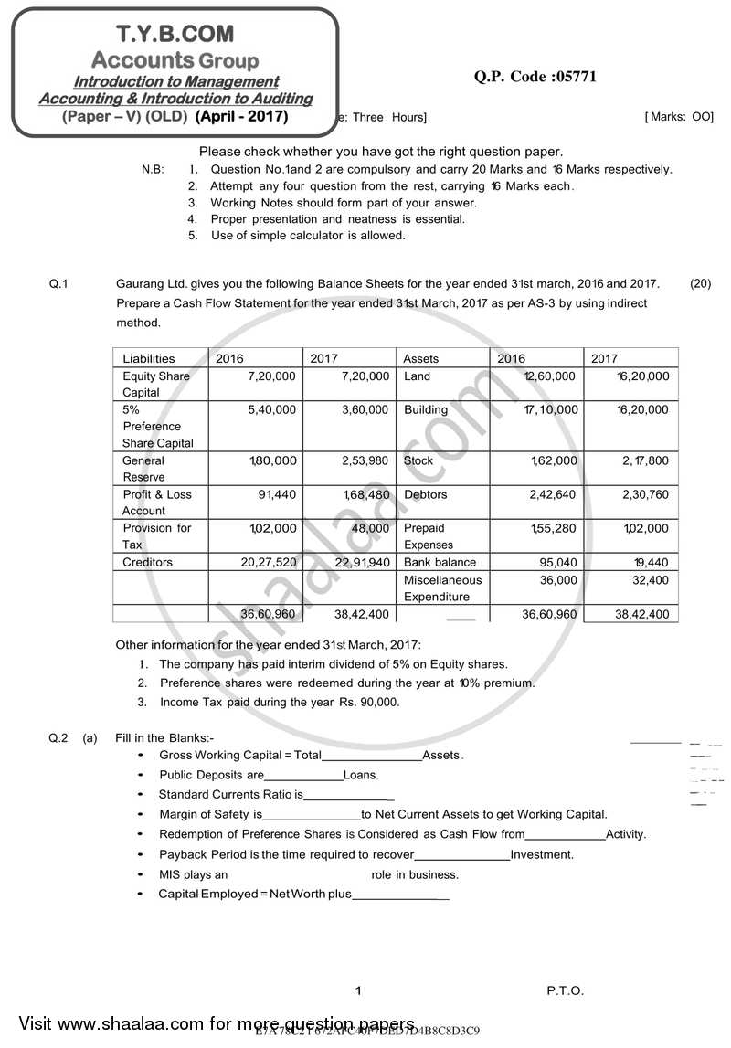 Introduction to Management Accounting and Introduction to Auditing (Financial Accounting and Auditing 5) 2016-2017 - B.Com. - 3rd Year (TYBcom) - University of Mumbai question paper with PDF download