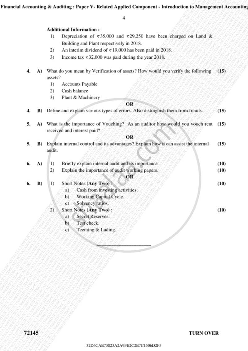 Introduction to Management Accounting and Introduction to Auditing (Financial Accounting and Auditing 5) 2018-2019 - B.Com. - 3rd Year (TYBcom) - University of Mumbai question paper with PDF download