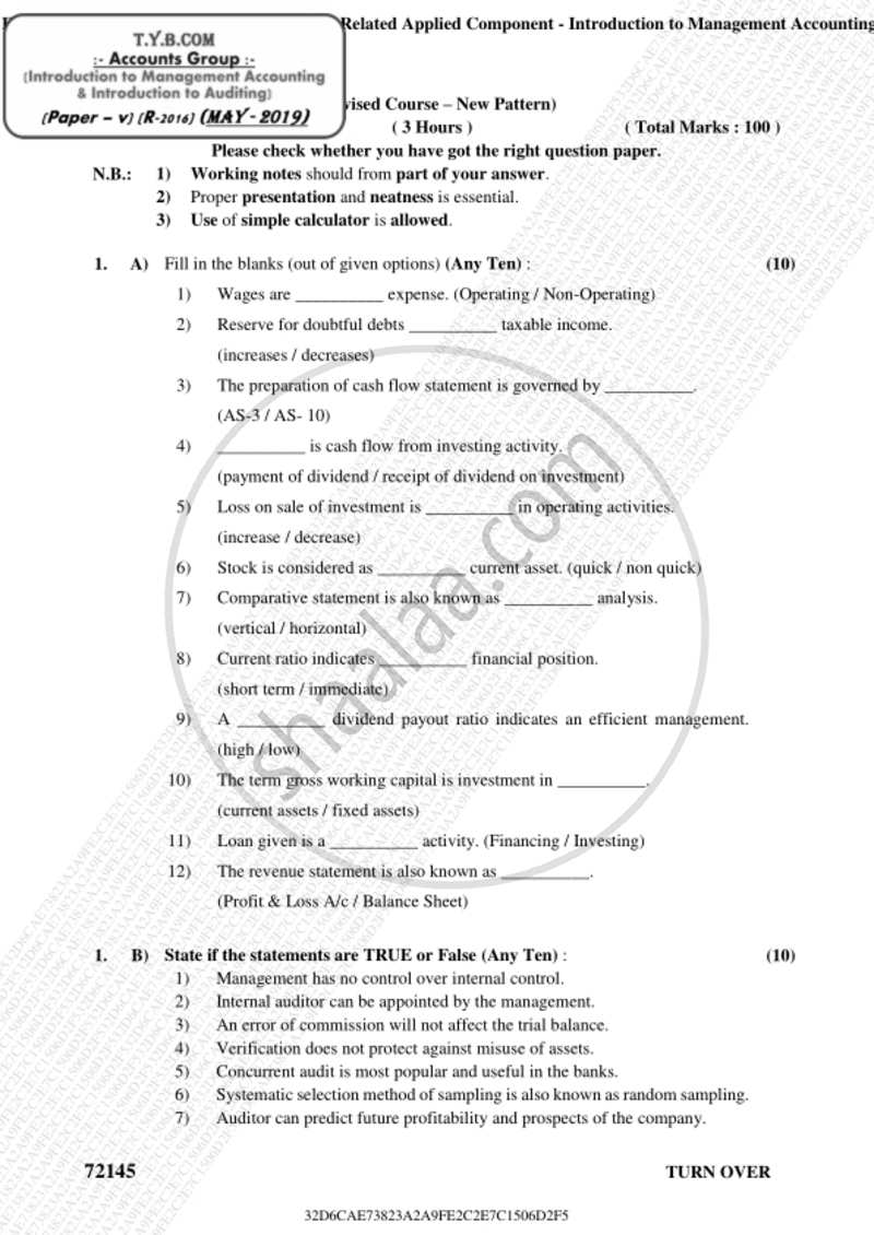 Introduction to Management Accounting and Introduction to Auditing (Financial Accounting and Auditing 5) 2018-2019 - B.Com. - 3rd Year (TYBcom) - University of Mumbai question paper with PDF download