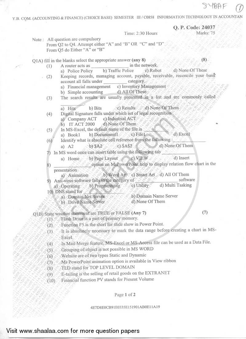 Information Technology in Accountancy 1 2017-2018 - B.Com. - Semester 3 (SYBAF) - University of Mumbai question paper with PDF download