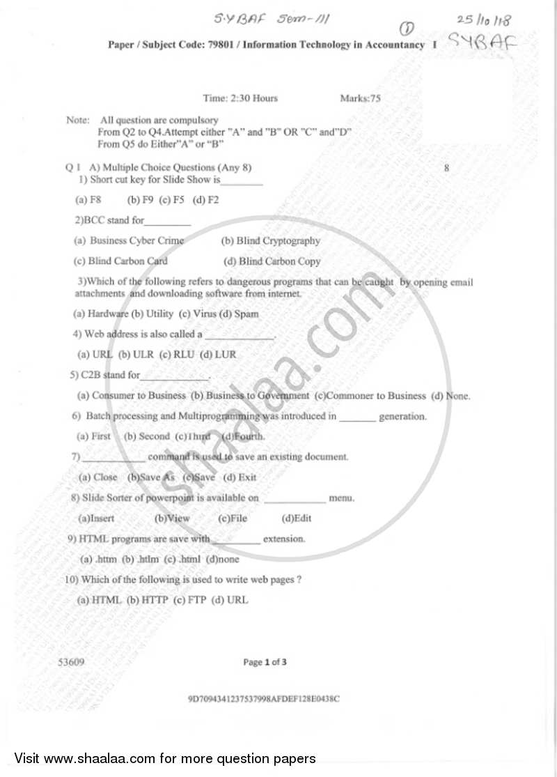 Information Technology in Accountancy 1 2018-2019 - B.Com. - Semester 3 (SYBAF) - University of Mumbai question paper with PDF download