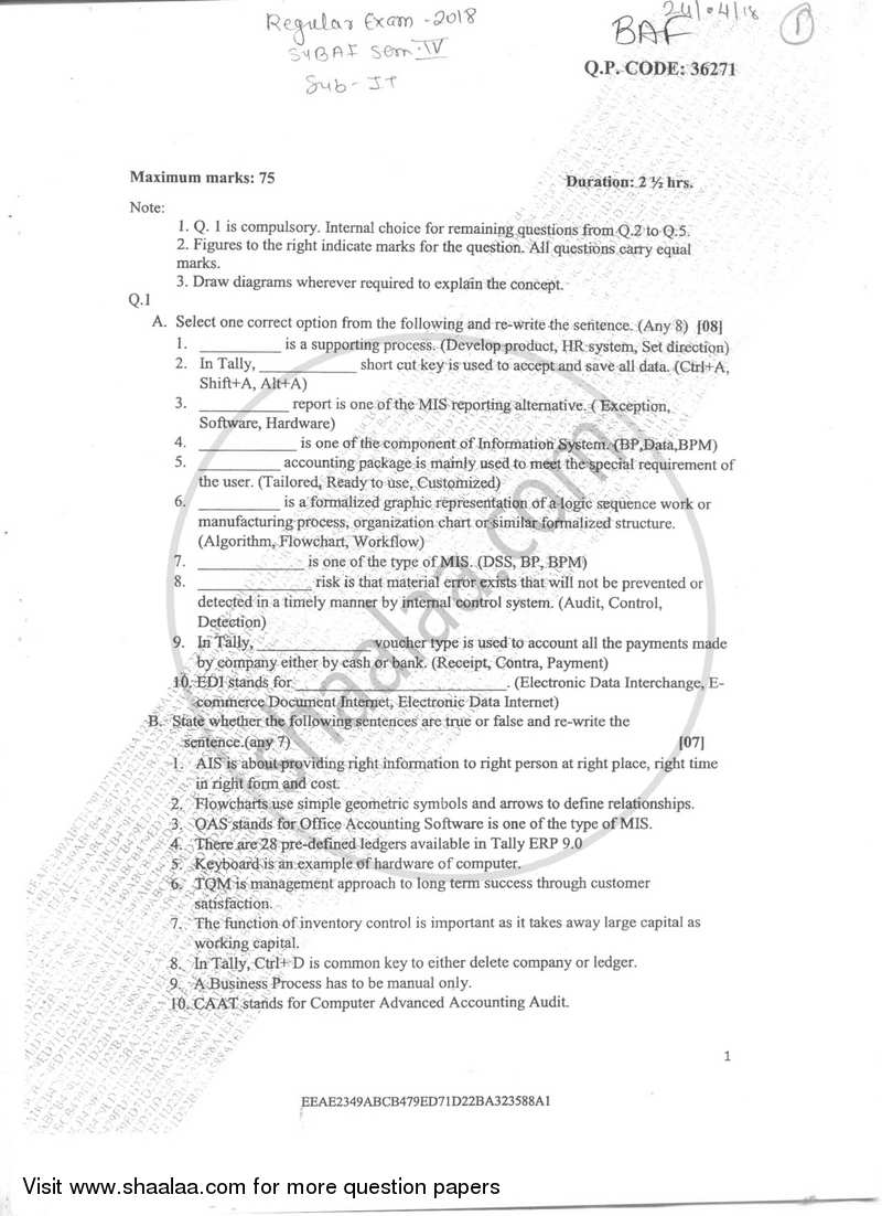 Information Technology Paper 2 (Applications in Business) 2017-2018 - B.Com. - Semester 4 (SYBAF) - University of Mumbai question paper with PDF download