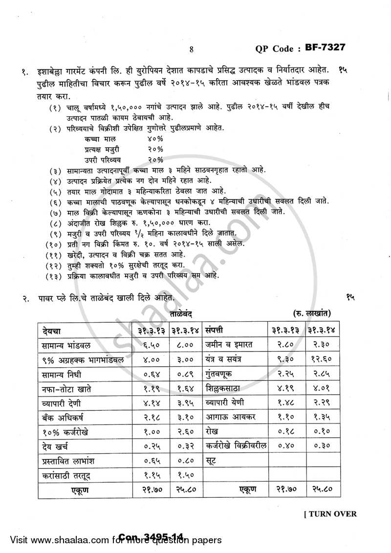 Management Accounting (Financial Accounting and Auditing 10) 2013-2014 - B.Com. - Semester 6 (TYBcom) - University of Mumbai question paper with PDF download