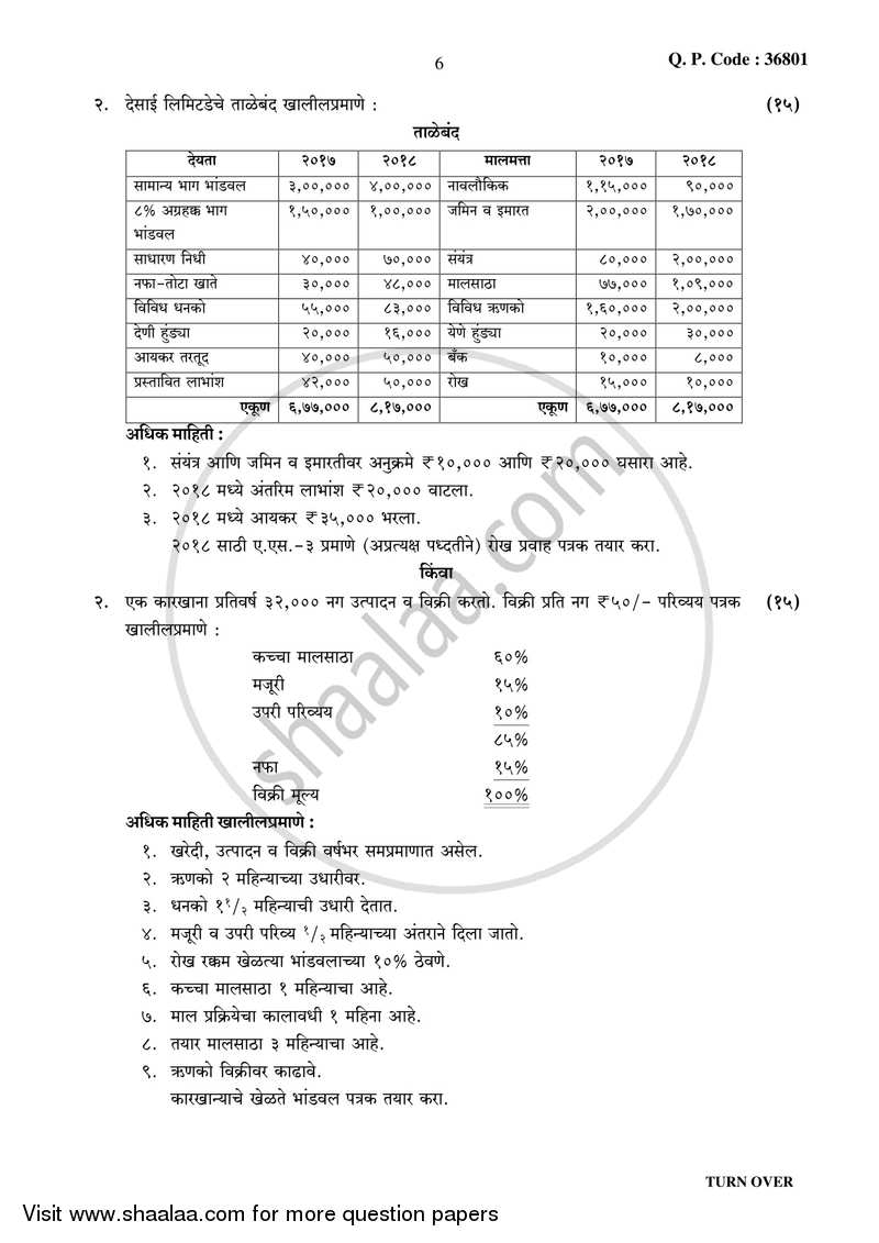 Management Accounting (Financial Accounting and Auditing 10) 2017-2018 - B.Com. - Semester 6 (TYBcom) - University of Mumbai question paper with PDF download