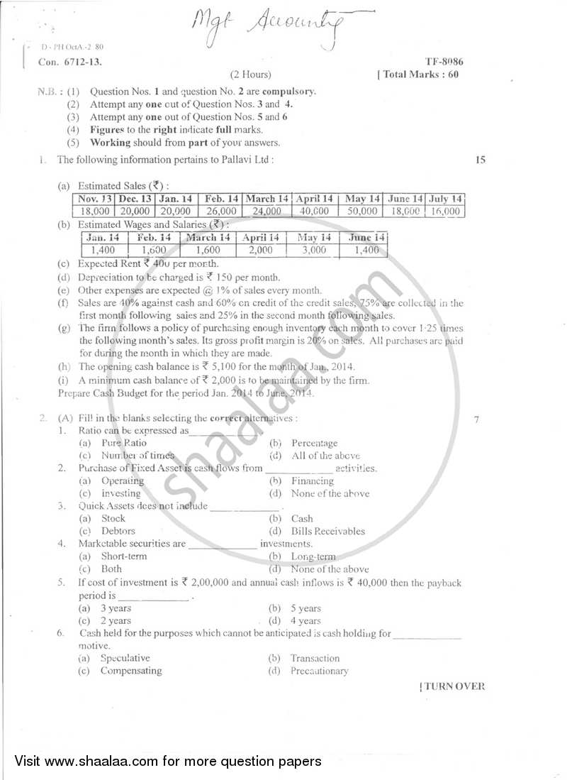 Management Accounting (Financial Accounting and Auditing 7) 2013-2014 - B.Com. - Semester 5 (TYBAF) - University of Mumbai question paper with PDF download