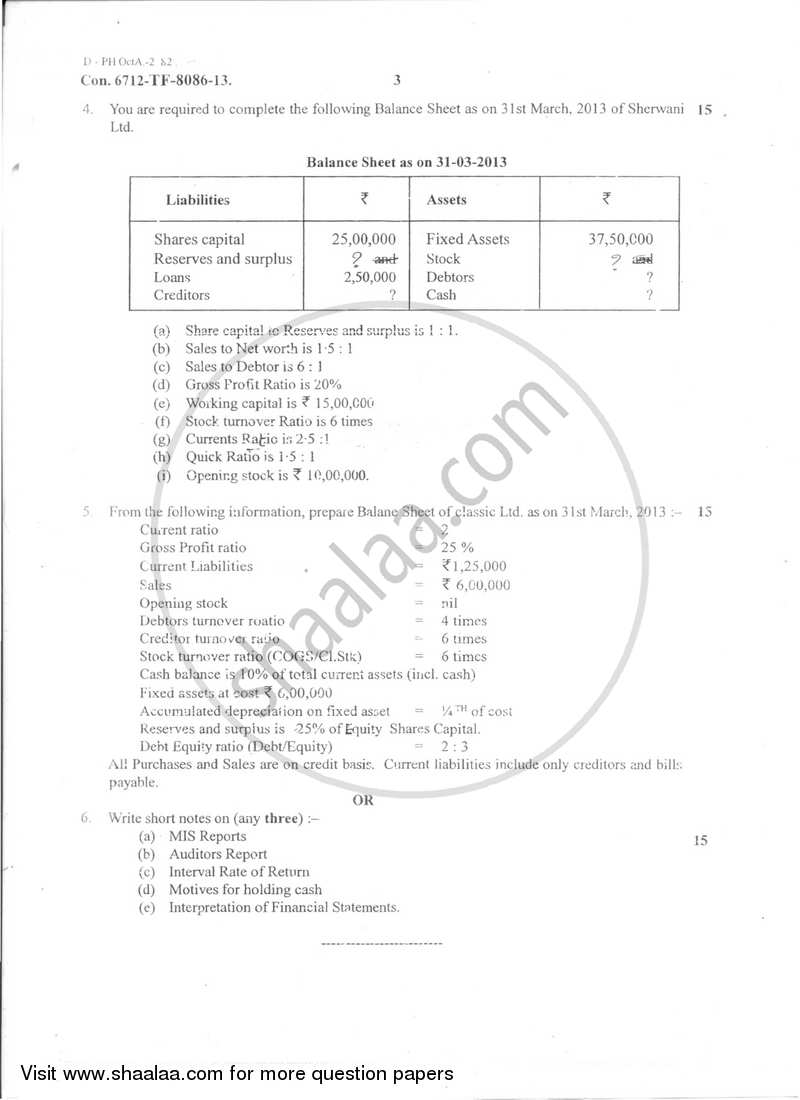 Management Accounting (Financial Accounting and Auditing 7) 2013-2014 - B.Com. - Semester 5 (TYBAF) - University of Mumbai question paper with PDF download