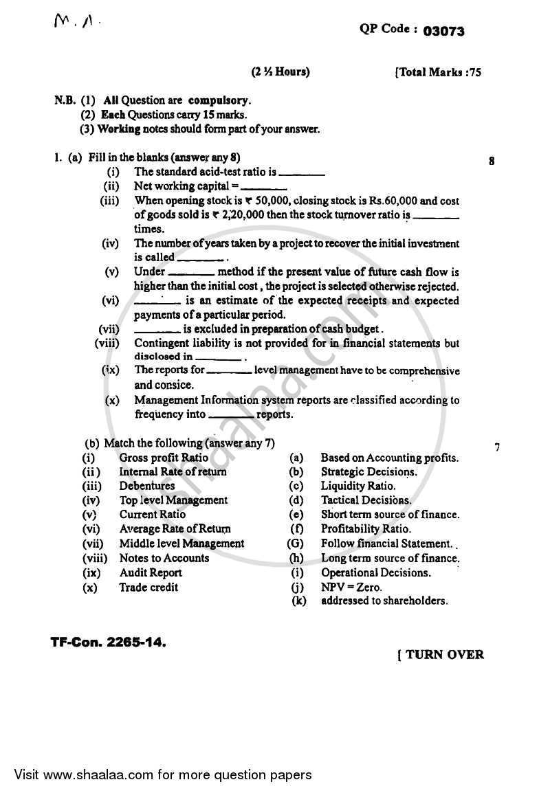 Management Accounting (Financial Accounting and Auditing 7) 2014-2015 - B.Com. - Semester 5 (TYBAF) - University of Mumbai question paper with PDF download