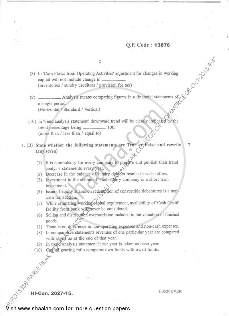 Management Accounting (Financial Accounting and Auditing 7) 2015-2016 - B.Com. - Semester 5 (TYBcom) - University of Mumbai question paper with PDF download
