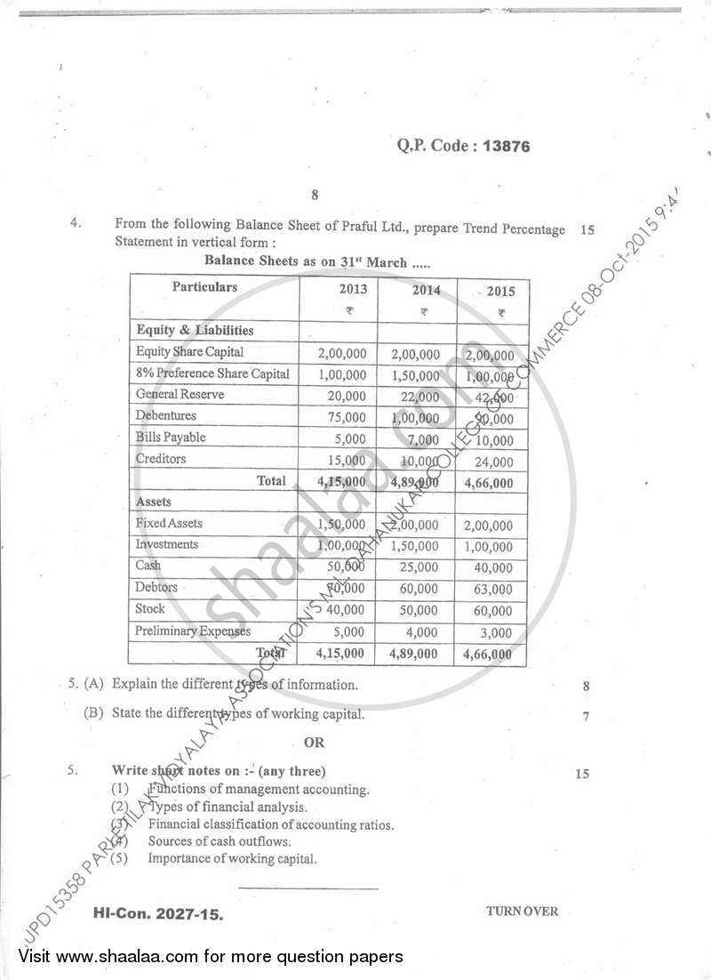 Management Accounting (Financial Accounting and Auditing 7) 2015-2016 - B.Com. - Semester 5 (TYBcom) - University of Mumbai question paper with PDF download