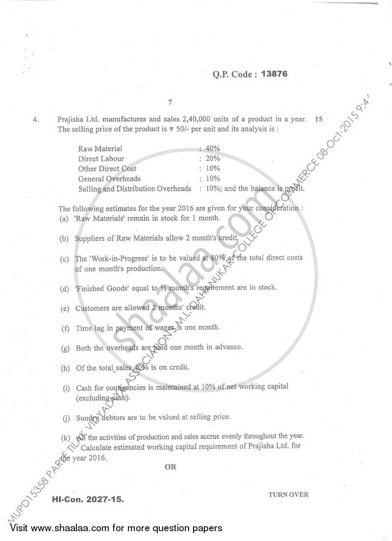 Management Accounting (Financial Accounting and Auditing 7) 2015-2016 - B.Com. - Semester 5 (TYBcom) - University of Mumbai question paper with PDF download