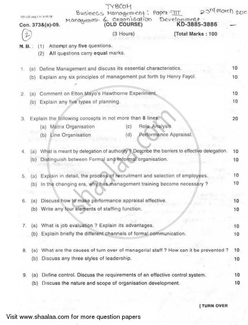 Management and Organizational Development 2008-2009 - B.Com. - 3rd Year (TYBcom) - University of Mumbai question paper with PDF download